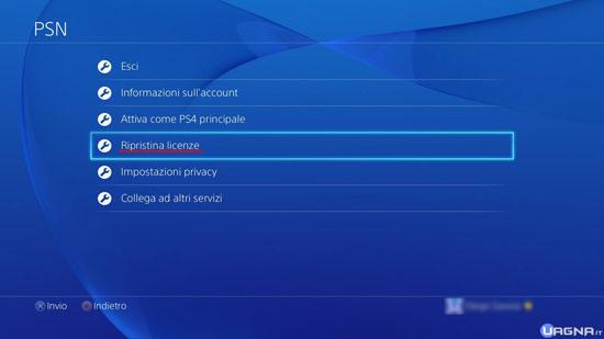 Menu Impostazioni PSN PlayStation 4 - Ripristina Licenze