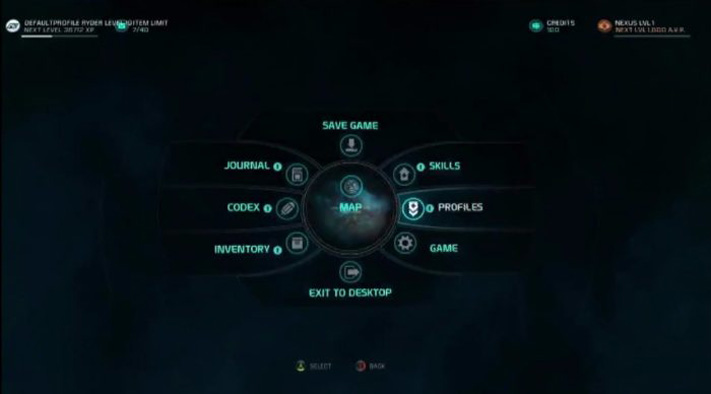 menu mass effect andromeda