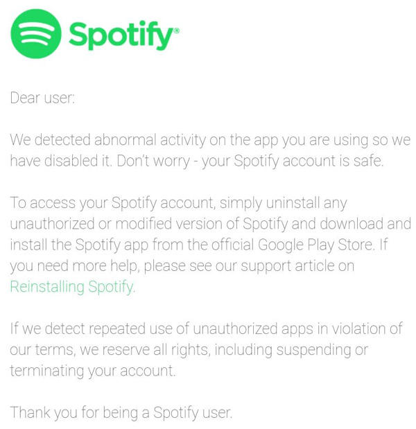 Spotify App Modificate Sospensione Account
